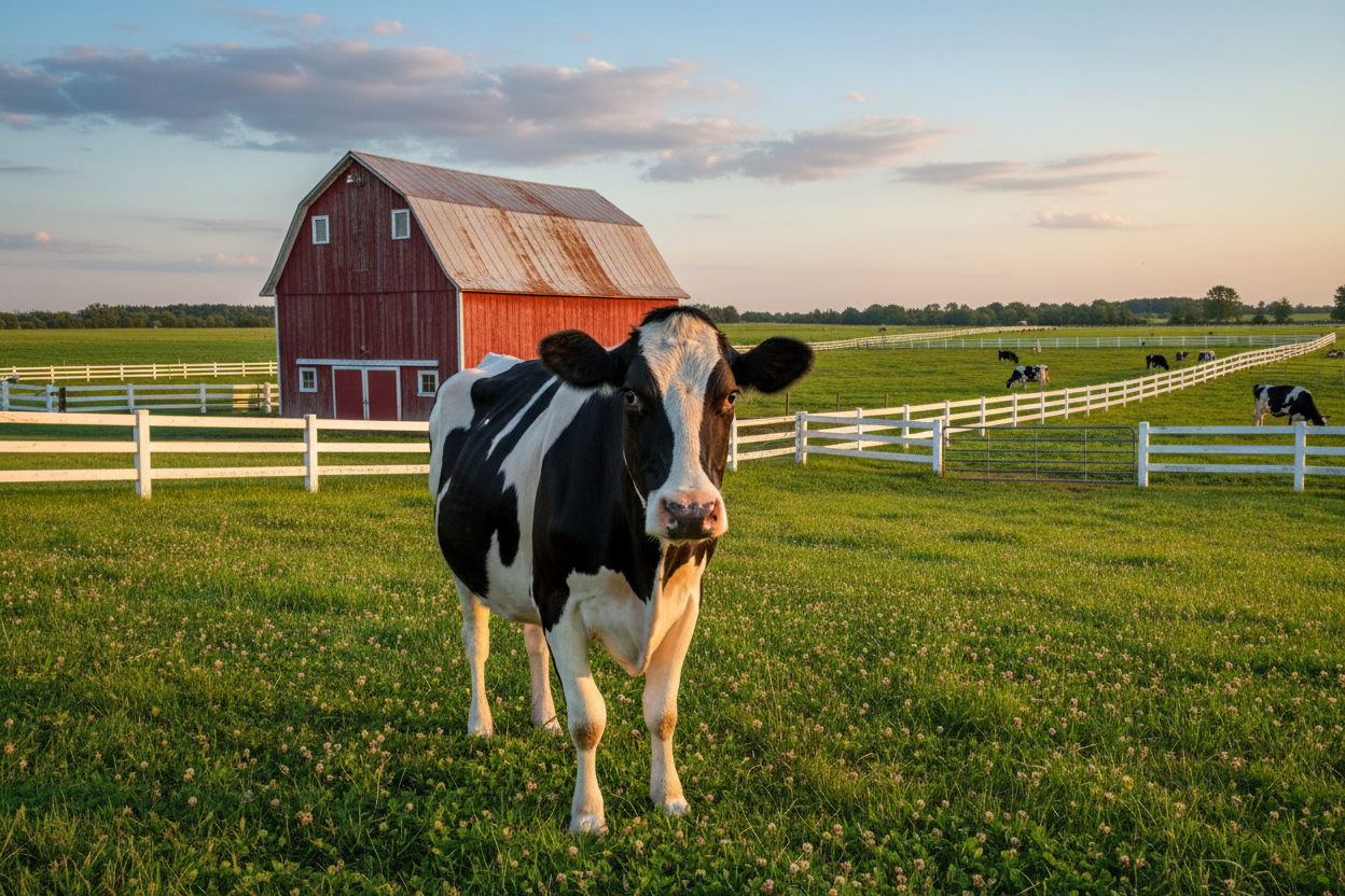 MAKE A IMAGE SHOWING A COW AND ADD SOME DAIRY FARM BACKGOUND